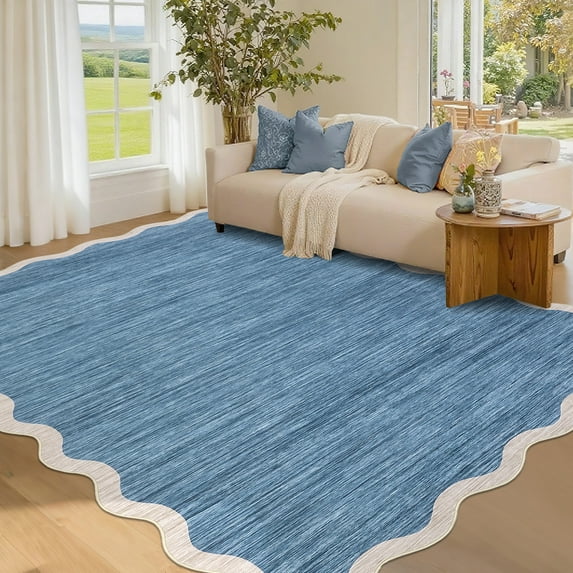 Garvee 6'x9' Modern Scalloped Rug Washable Rug with Non Slip Backing, Neutral Farmhouse Soft Low Pile Carpet for Living Room Bedroom Home Office, Blue