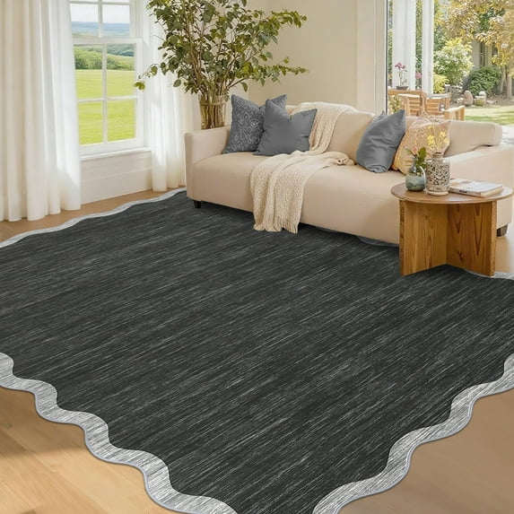 Garvee 6'x9' Modern Scalloped Rug Washable Rug with Non Slip Backing, Neutral Farmhouse Soft Low Pile Carpet for Living Room Bedroom Home Office, Dark Gray
