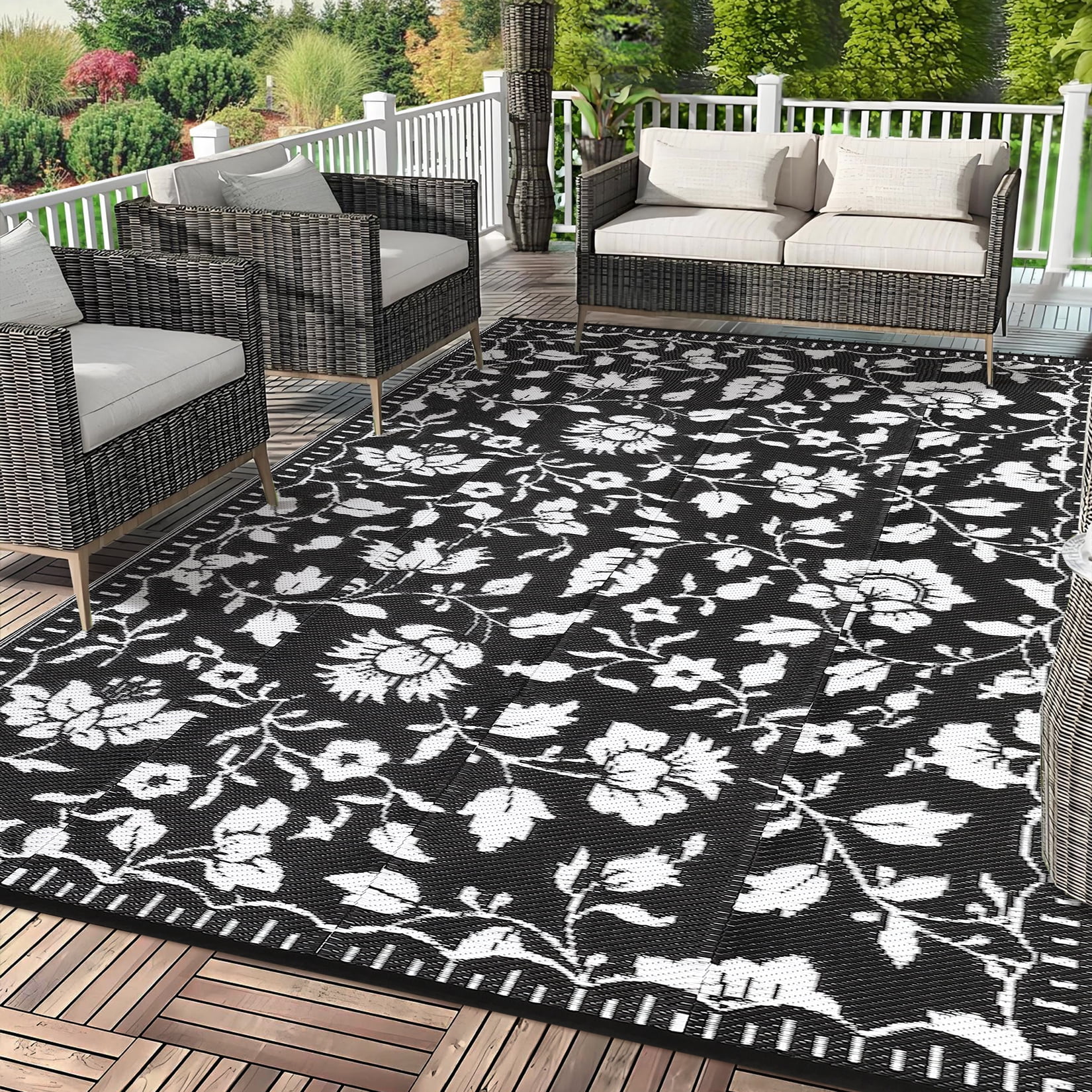 Garvee 6'x9' Outdoor Rug Waterproof Floral Camping Carpet, Reversible Plastic Straw Rug Outdoor Rug for Patio RV Balcony Backyard, Black