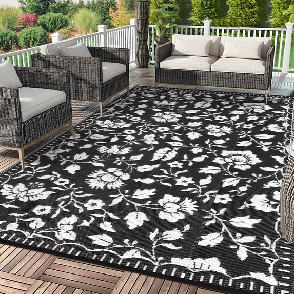 Garvee 6'x9' Outdoor Rug Waterproof Floral Camping Carpet, Reversible Plastic Straw Rug Outdoor Rug for Patio RV Balcony Backyard, Black