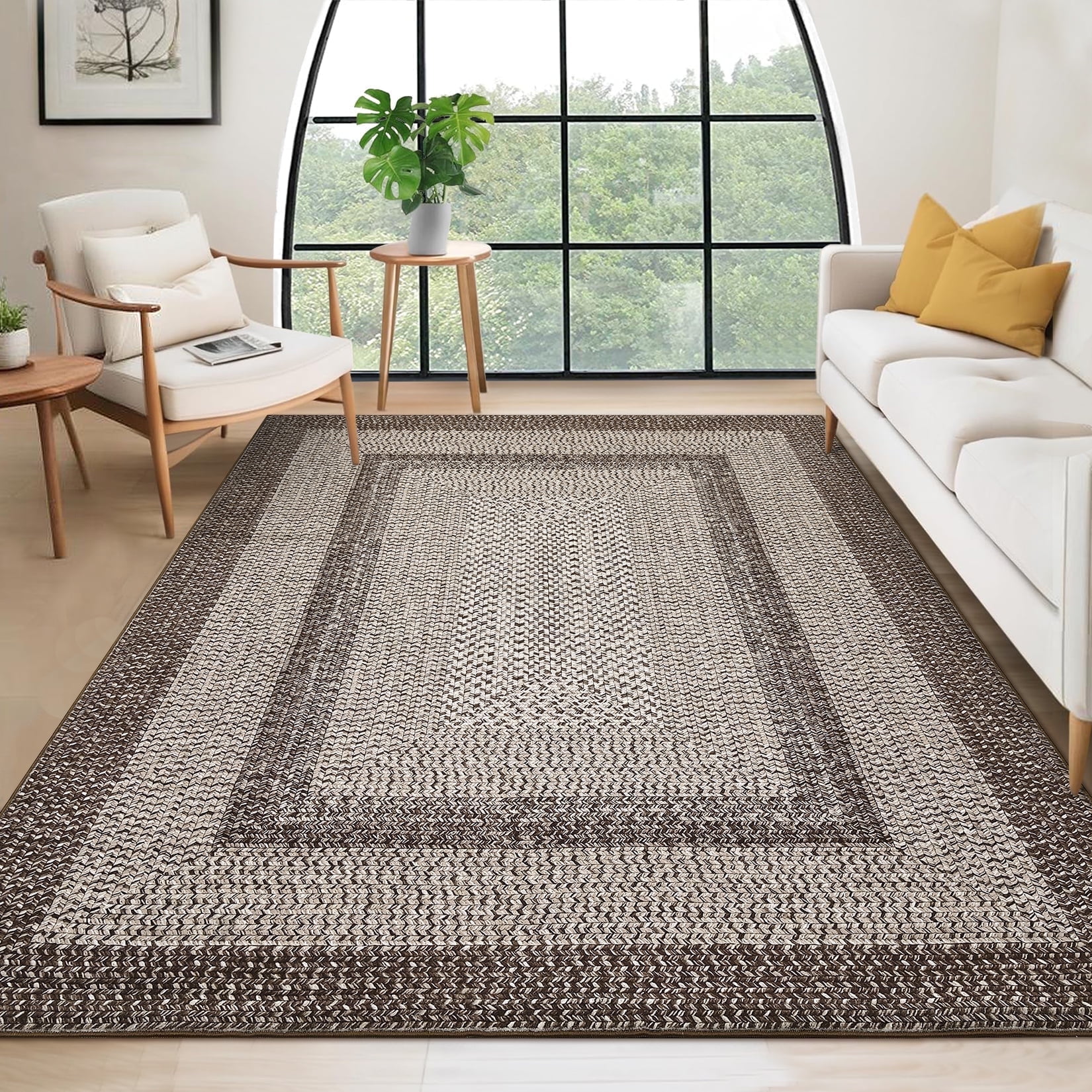 Garvee 6'x9' Printed Braided Rugs Farmhouse Bordered Carpet, Machine Washable Indoor Area Rug Non-Slip Low Pile Rugs for Living Room Bedroom Home Decor, Camel
