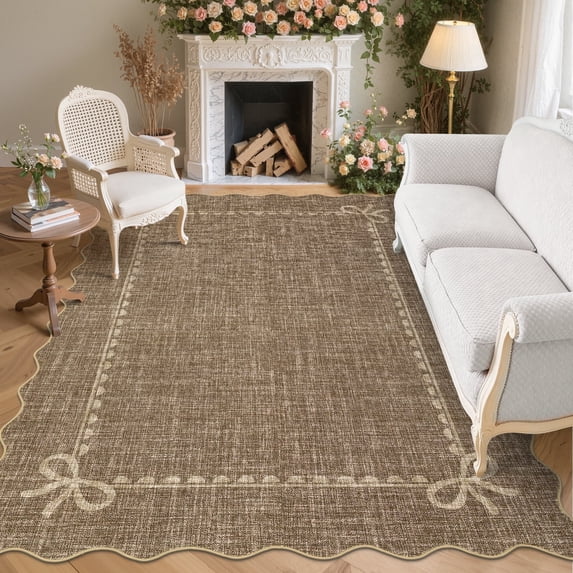 Garvee 6'x9' Scalloped Area Rug Modern Solid Rug, Washable Rug Soft Low Pile Carpet with Non Slip Backing for Living Room Bedroom Home Decor, Brown