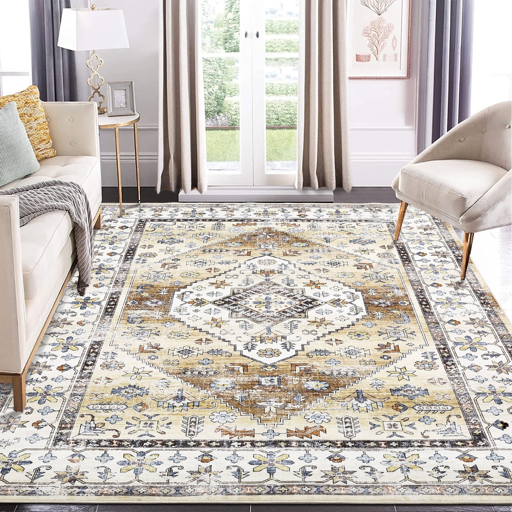 Garvee 6'x9' Vintage Area Rug Indoor Boho Distressed Carpet Floral Rug Stain-Resistant Foldable Thin Rug, Yellow