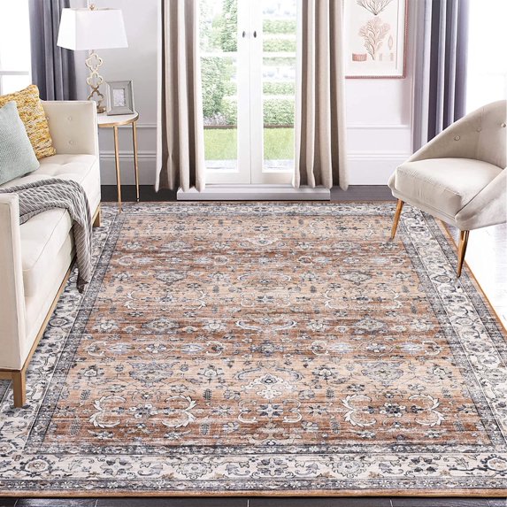Garvee 6'x9' Vintage Area Rug Indoor Boho Distressed Carpet Floral Rug Stain-Resistant Foldable Thin Rug, Rust Red