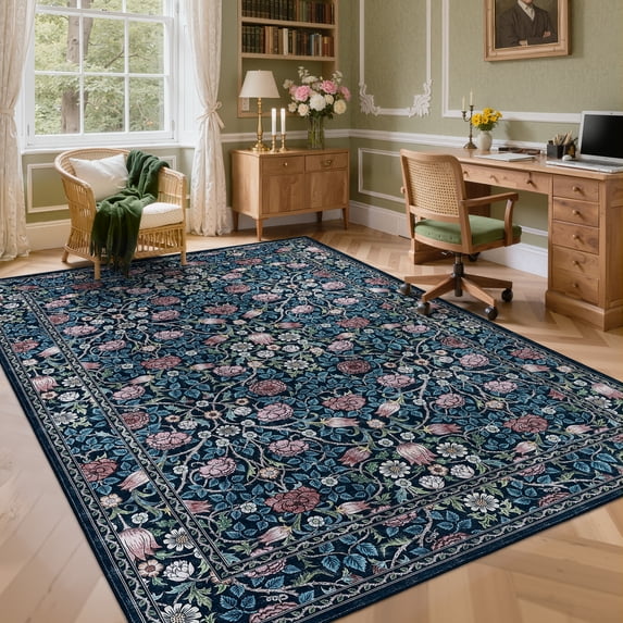 Garvee 6'x9' Vintage Floral Area Rug Washable Botanical Carpet, Non Slip Boho Indoor Rug for Living Room Bedroom Home Office, Blue