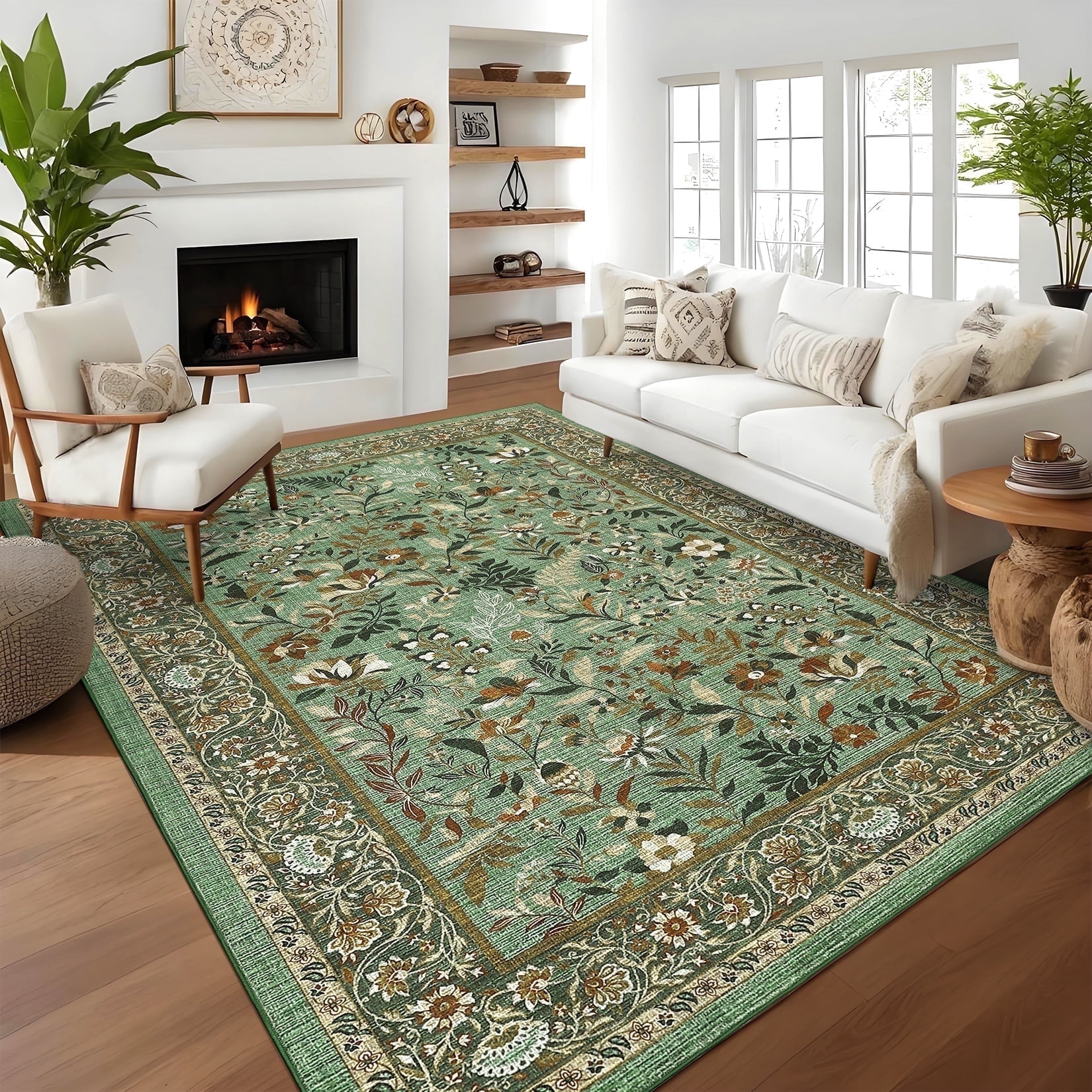 Garvee 6'x9' Vintage Floral Area Rugs Washable Botanical Printed Rugs Carpet, Low Pile Non Slip Oriental Rug Stain Resistant Indoor Rugs for Living Room Bedroom Dining Room, Light Green