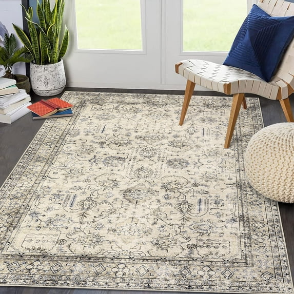 Garvee 6'x9' Vintage Persian Area Rug Boho Floral Print Rug Carpet Farmhouse Distressed Soft Foldable Accent Rug for Dorm Playroom Apartment, Beige Brown