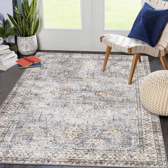 Garvee 6'x9' Vintage Persian Area Rug Boho Floral Print Rug Carpet Farmhouse Distressed Soft Foldable Accent Rug for Dorm Playroom Apartment, Light Gray Blue