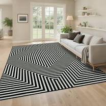 Garvee 6'x9' Washable Rugs Modern Abstract Striped Area Rugs, Non-Slip Contemporary Accent Rug Low Pile Indoor Geometric Carpet for Living Room Bedroom Dining Room, Black
