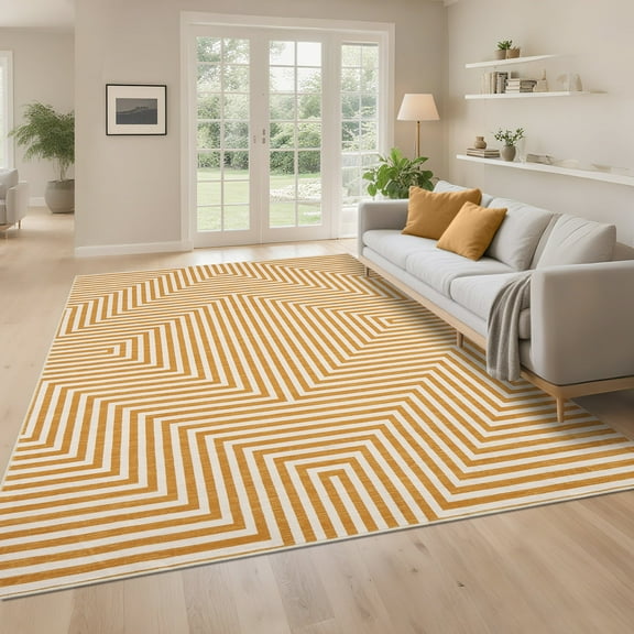 Garvee 6'x9' Washable Rugs Modern Abstract Striped Area Rugs, Non-Slip Contemporary Accent Rug Low Pile Indoor Geometric Carpet for Living Room Bedroom Dining Room, Orange