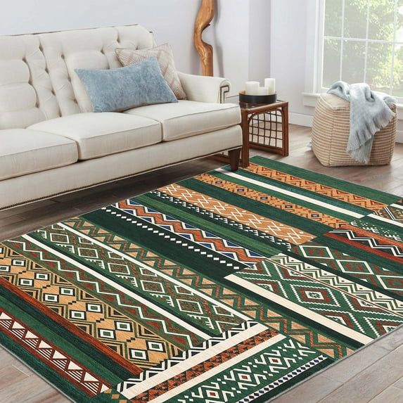 Garvee 6'x9' Washable Rugs for Living Room Vintage Bedroom Rug Geometric Rug Patchwork Farmhouse Rug Stain-Resistant Carpet, Green/Multi