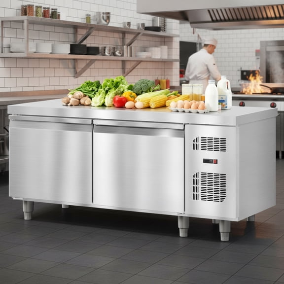 Garvee 60" Commercial Fridge, 15 Cu.ft Stainless Steel Undercounter Refrigerators with 2 Door and LED Display for Restaurant, Kitchen