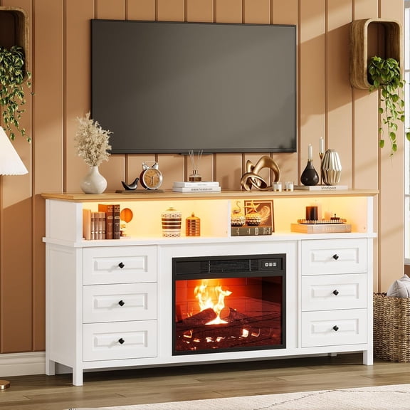 Garvee 60" Fireplace TV Stand with 23" Electric Fireplace, Farmhouse Wood Entertainment Center with 6 Drawers, Fits TVs up to 65", White