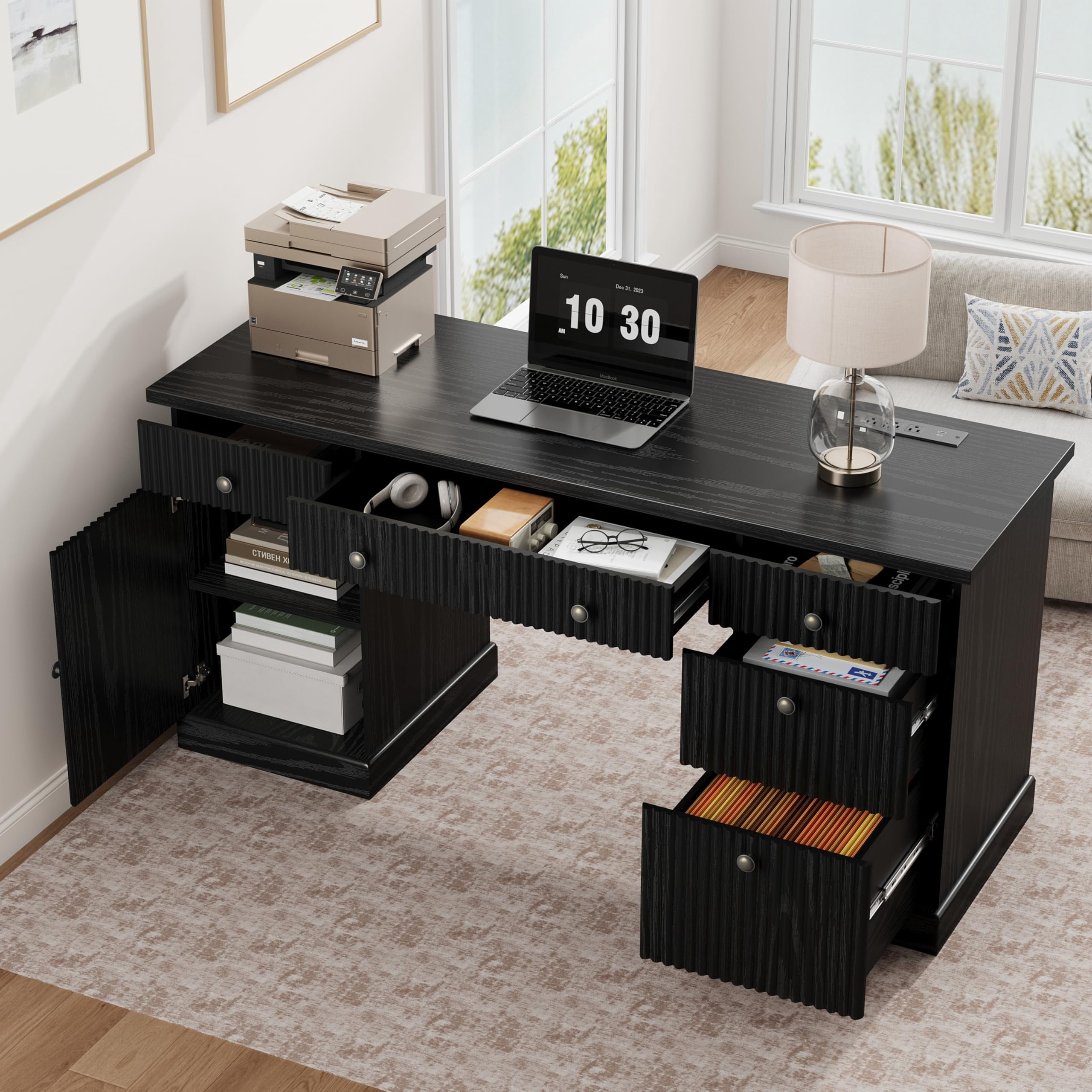 Garvee 60" Fluted Executive Desk with Charging Station & File Storage – Modern Wooden Computer Desk for Home Office, Study, Living Room or Bedroom-Black