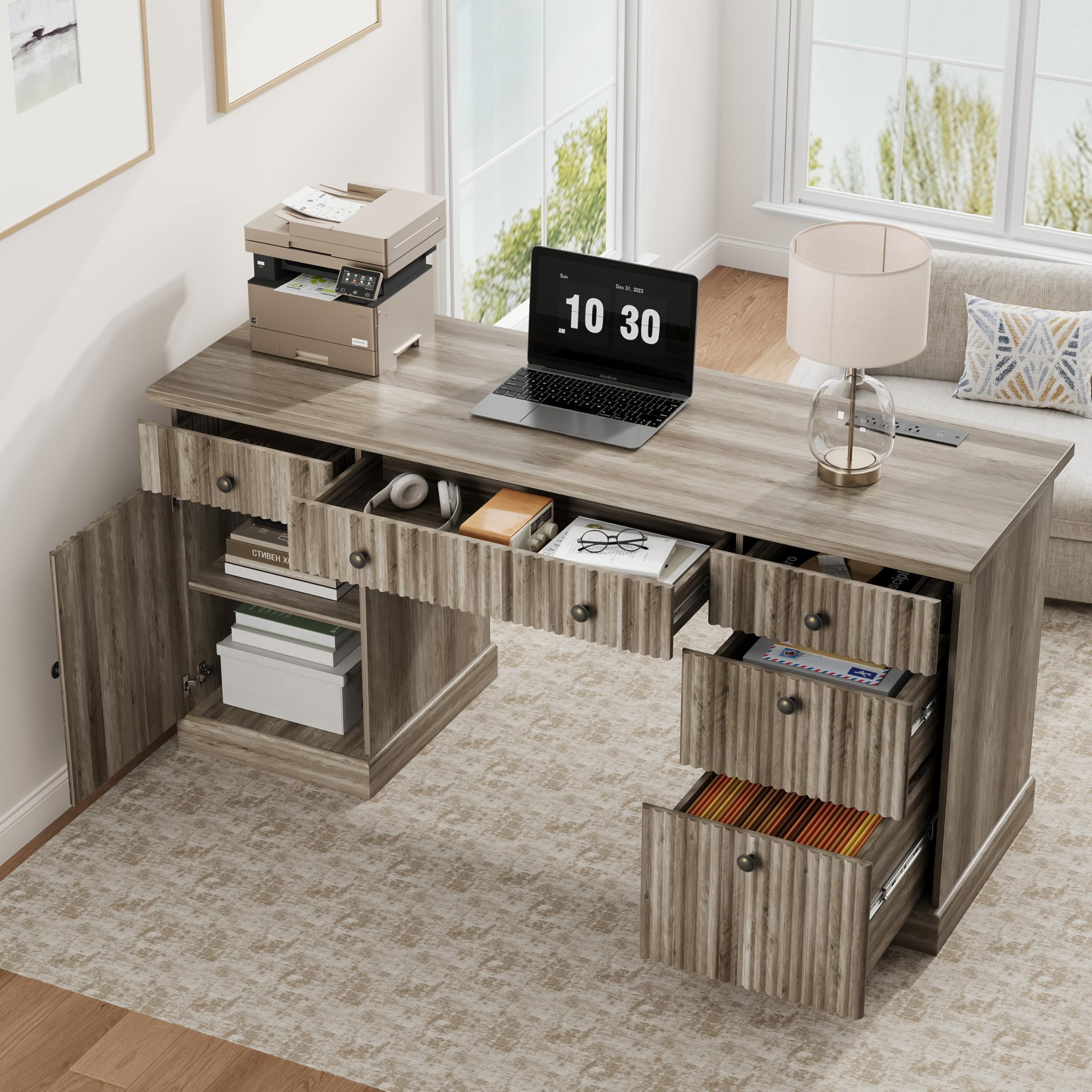 Garvee 60" Fluted Executive Desk with Charging Station & File Storage – Modern Wooden Computer Desk for Home Office, Study, Living Room or Bedroom-Gray
