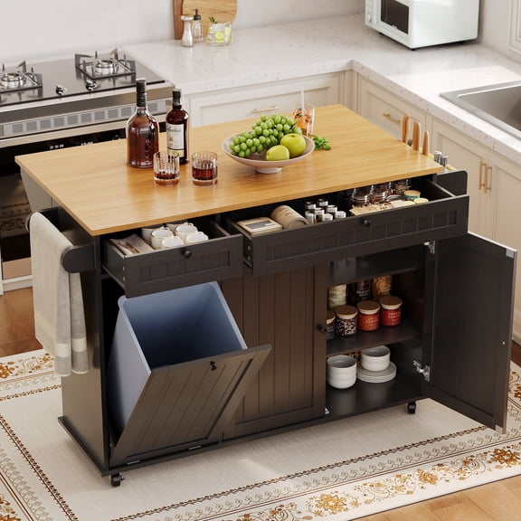 Garvee 55" Mobile Island Table with Drop Leafs, Kitchen Rolling Island with Spice Rack & Towel Rack, Knife Holders, Kitchen Island Cart with Trash Storage Cabinet Black