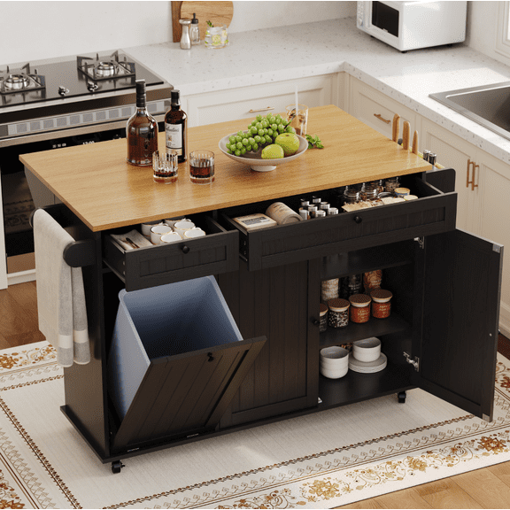 Garvee 60" Mobile Island Table with Power Outlet & Drop Leafs, Kitchen Rolling Island with Spice Rack & Towel Rack, Knife Holders, Kitchen Island Cart with Trash Storage Cabinet Black