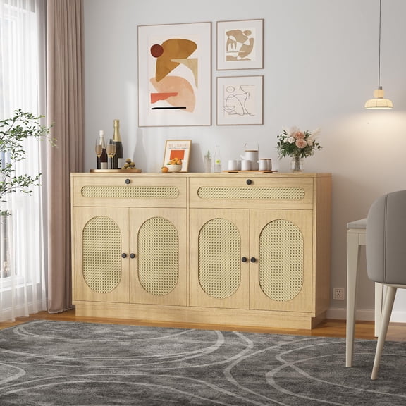 Garvee 60'' Rattan Sideboard Buffet Cabinet with 2 Drawers & 4 Rattan Doors and Adjustable Shelves & Storage Oak