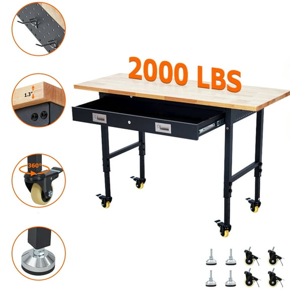 EuKer 60Inch Work Bench with Drawer,Adjustable Height Worktable for Garage with Power Outlet & 4 Lockable Wheels,2000LBS Load Capacity,Rubber Wood Color