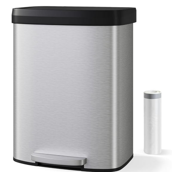 Garvee 60L Kitchen Garbage Can with Liner Rim & Soft Close Plastic Lid, Silver