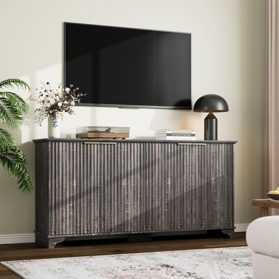 Garvee 61" Buffet Sideboard Cabinet with 4 Fluted Doors, Adjustable Shelves, Modern Farmhouse Coffee Bar Cabinet, Durable Kitchen Storage for Living Room