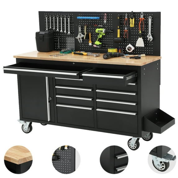 Garvee 61" Work Benches for Garage, Heavy Duty Work Table with 10 Drawers & Power Outlet, Black