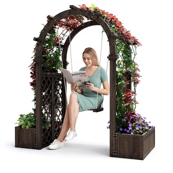 Garvee 62"W x 65"H Outdoor Arch Trellis, Wood Garden Arbor with Planter Boxes and Swing,Gray