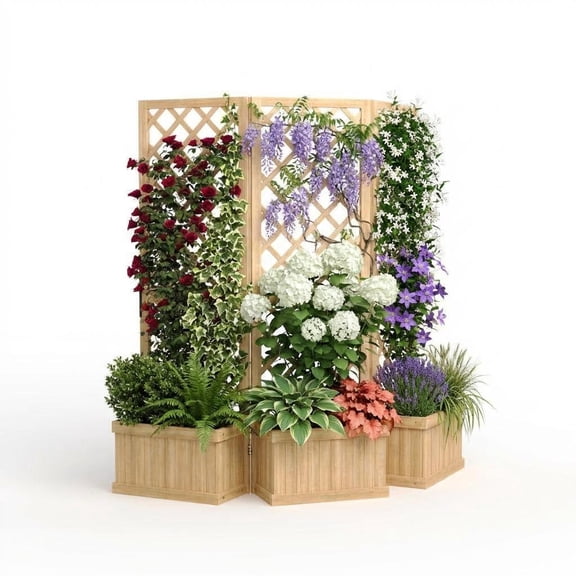 Garvee 62 in Wide Cedar Wood Planter Box with Trellis- 3-Panel Garden Divider,Drain Holes,Wood Color