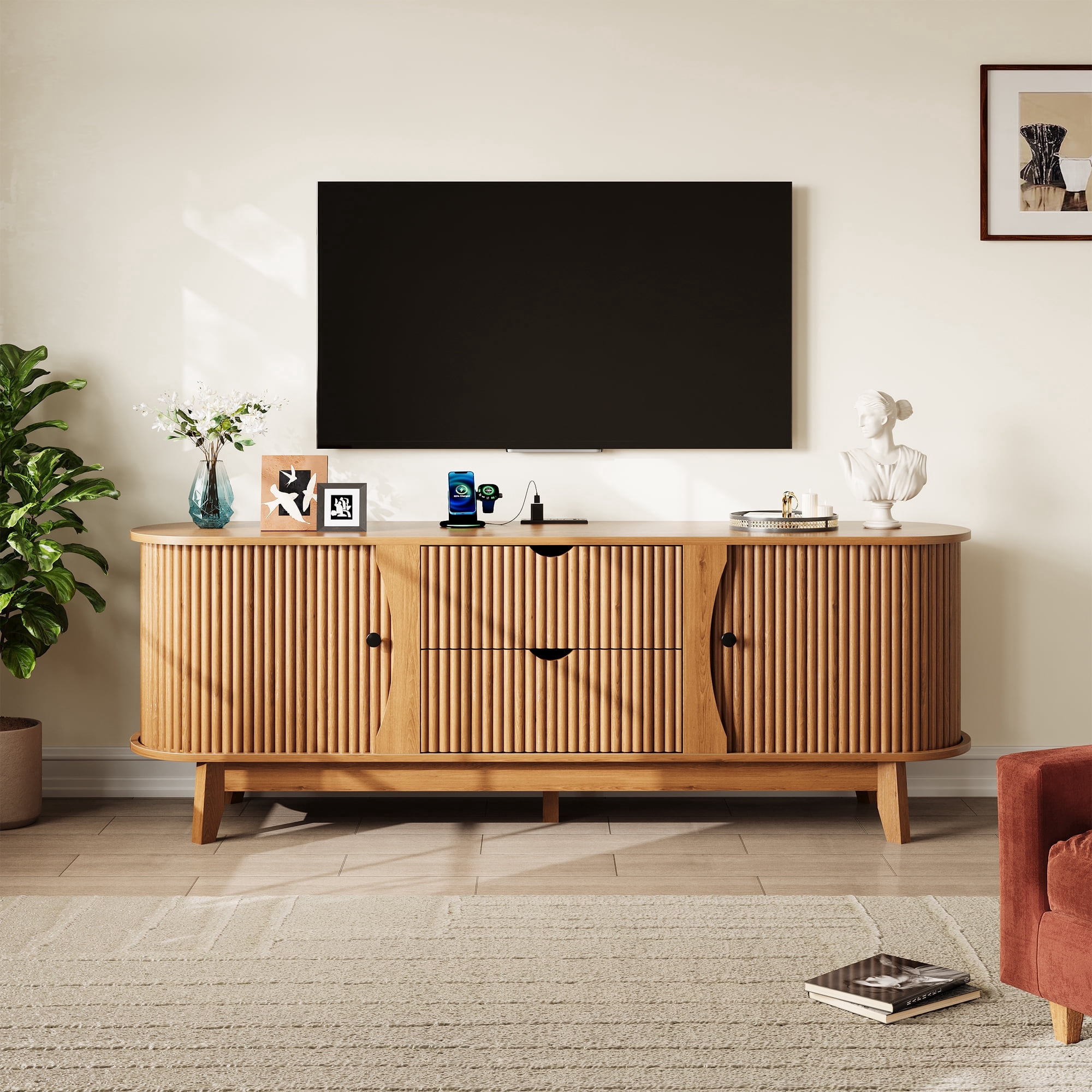 Garvee 63" Fluted TV Stand for TVs Up to 70 Inch, Modern Entertainment Center with Power Outlet, 2 Drawers, Side Cabinets with Adjustable Shelves, Curved Media Console Table for Living Room, Walnut
