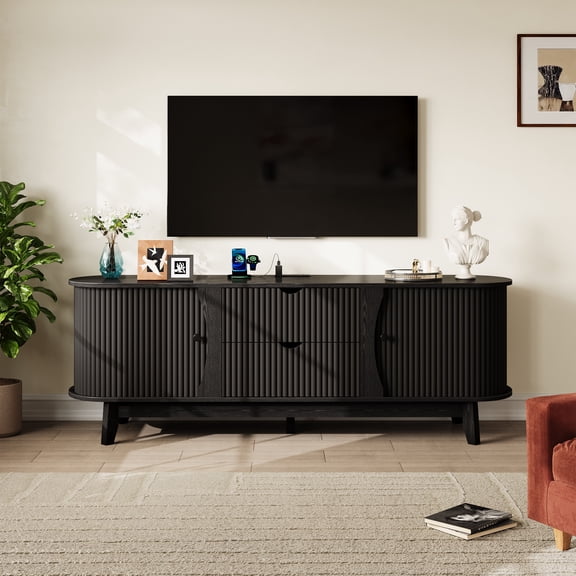 Garvee 63" Fluted TV Stand for TVs Up to 70 Inch, Modern Entertainment Center with Power Outlet, 2 Drawers, Side Cabinets with Adjustable Shelves, Curved Media Console Table for Living Room, Black