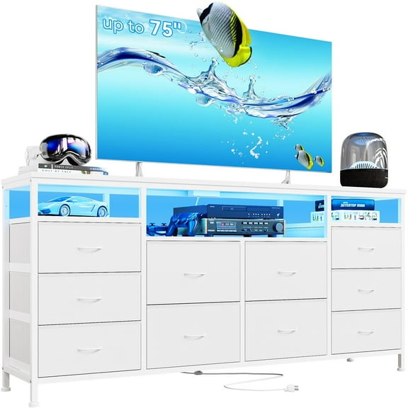 Garvee 63"W Long 10-Drawer Dresser TV Stand for 65-75 Inch TVs, Fabric Entertainment Center with LED Lights & Power Outlets, Modern Chest of Drawers for Bedroom, Living Room, and More, White