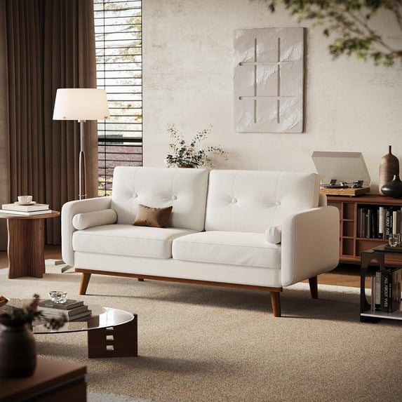 Garvee 64" Mid Century Modern Loveseat Sofa – Linen Upholstered 2-Seater Couch for Small Spaces, Living Room, Bedroom, Office, Beige