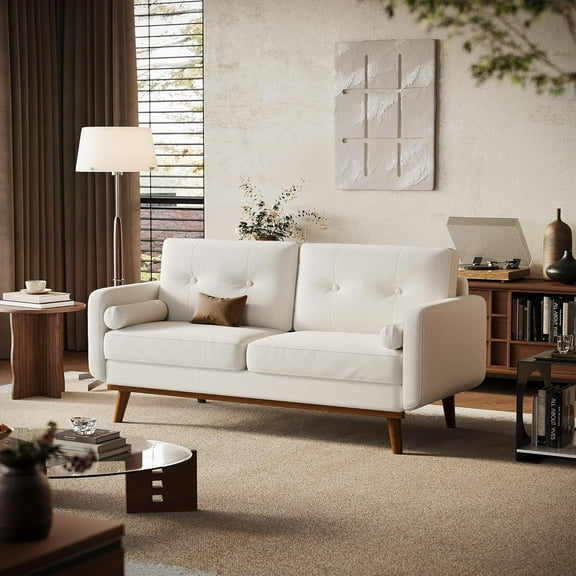 Garvee 64" Mid Century Modern Loveseat Sofa – Linen Upholstered 2-Seater Couch for Small Spaces, Living Room, Bedroom, Office, Beige