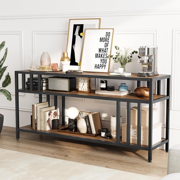 Garvee 65" TV Stand for TVs up to 75", Entertainment Center with 3-Tier Open Storage Shelves, Media Console Table with Quadruple-Tube Support for Living Room, Rustic Brown