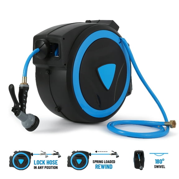 Garvee 65FT Retractable Garden Hose Reel,1/2" Wall Mounted Hose Reel with Sprayer Nozzle, Slow Return System