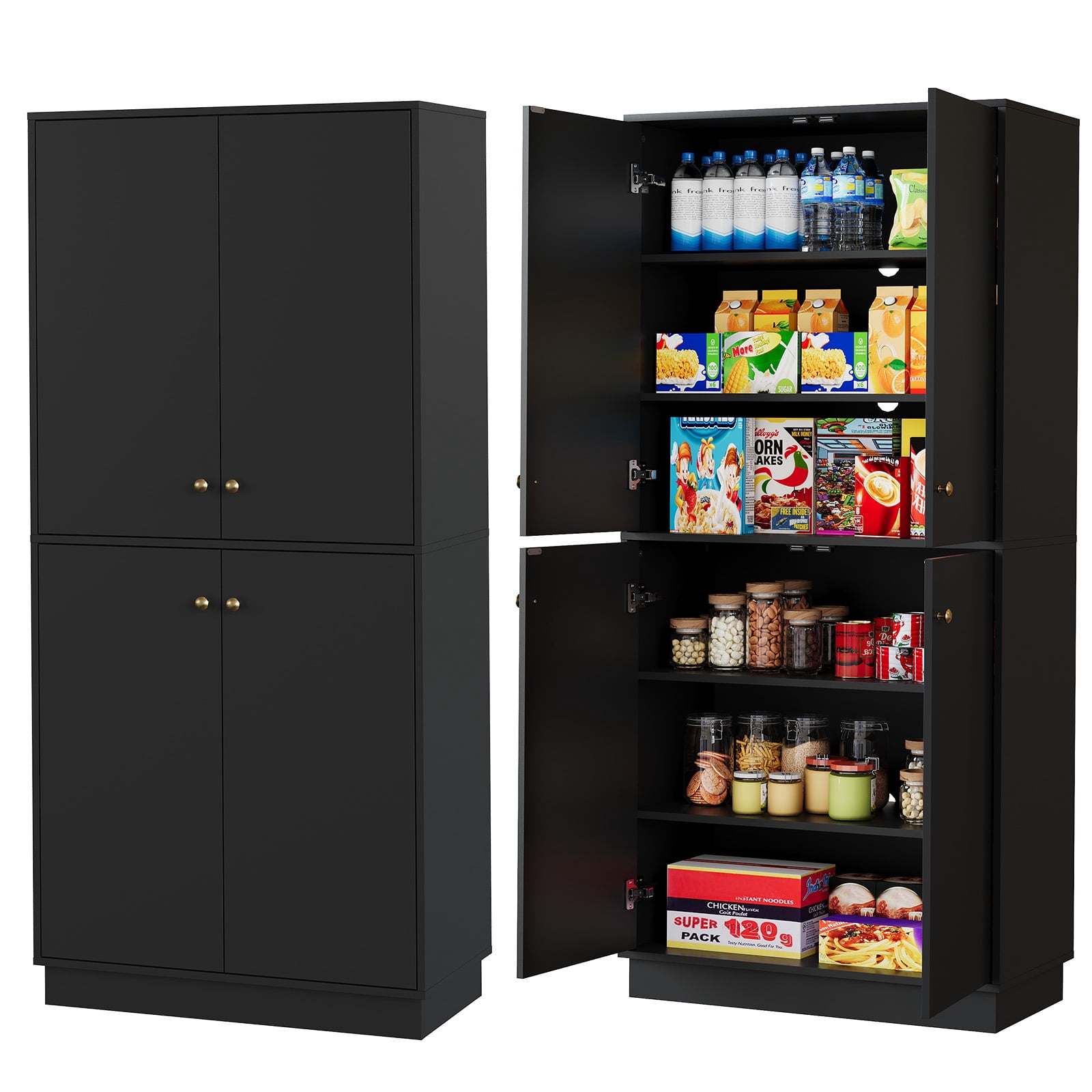 Garvee 67.3" Tall Pantry Cabinet, 4-Door Kitchen Food Storage Cabinet with Adjustable Shelves, Freestanding Pantry Cupboard Organizer for Dining Room, Living Room, Utility Room, Black