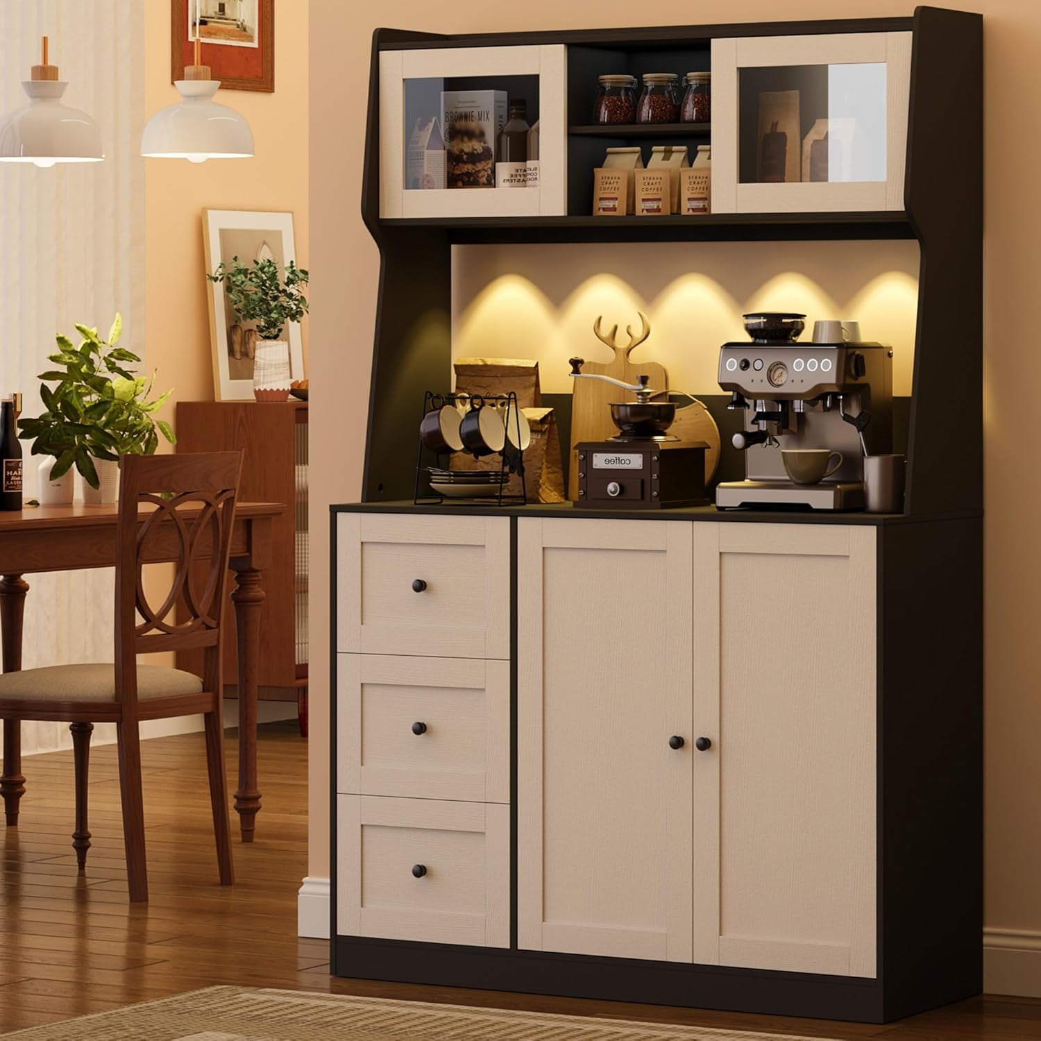 Garvee 67" Tall Kitchen Storage Cabinet with LED Lights, Modern Coffee ...