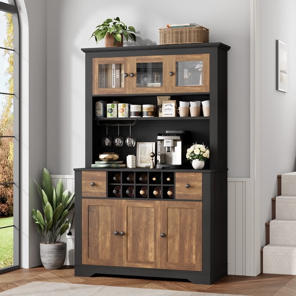 Garvee 68.7" Pantry Cabinet with LED Light, Charging Station, Wine Rack & Drawers – Farmhouse Hutch, Adjustable Shelves, Power Outlet, Countertop – Stripe Embossed Black & Brown Finish