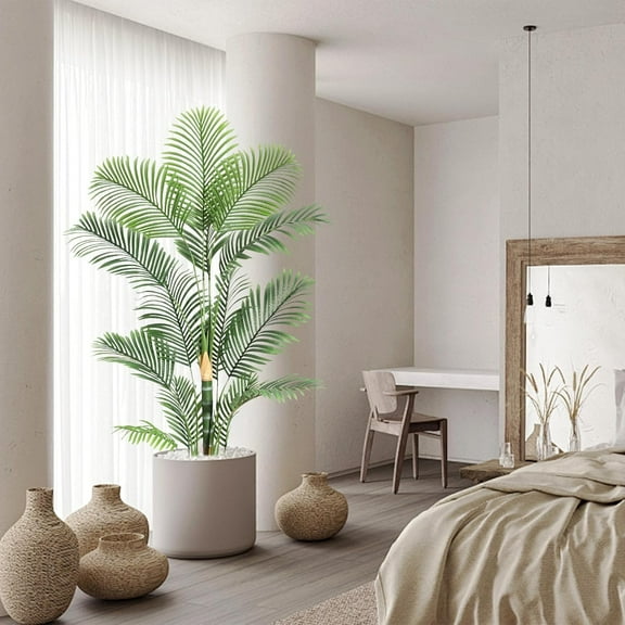 Garvee 6FT Artificial Palm Tree  Lifelike Golden Cane Palm with 14 Trunks & 300 Leaves, UV Resistant Faux Tropical Plant in Pot for Indoor & Outdoor Home, Office, and Living Room Decor