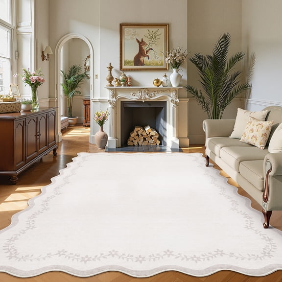 Garvee 6x9 Scalloped Area Rugs Floral Print Rug with Non Slip Backing, Washable Indoor Carpet for Living Room Bedroom Home Office, Beige
