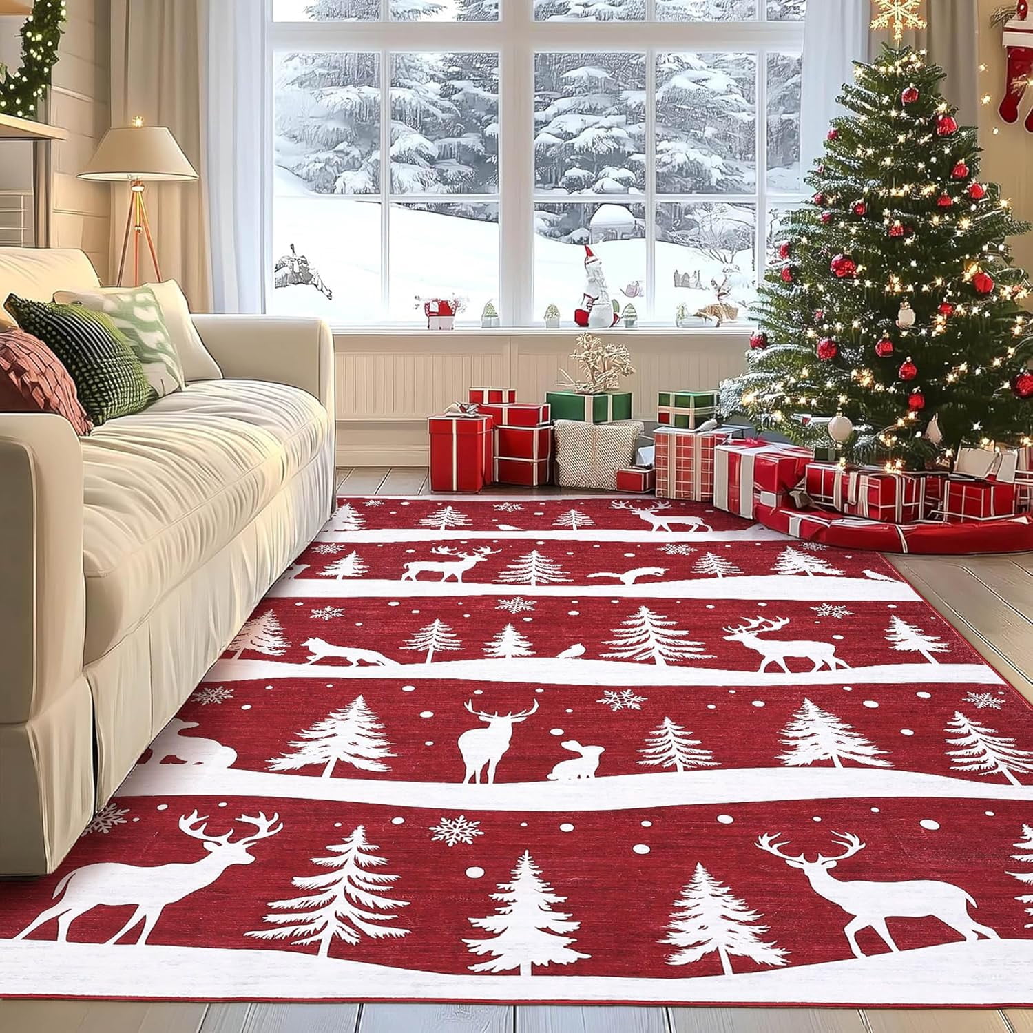 Garvee 6x9 ft Christmas Rug, Washable Non Slip Low Pile Carpet, Xmas Tree Reindeer Snowflake Indoor Rug for Entryway, Kitchen, Living Room, Red