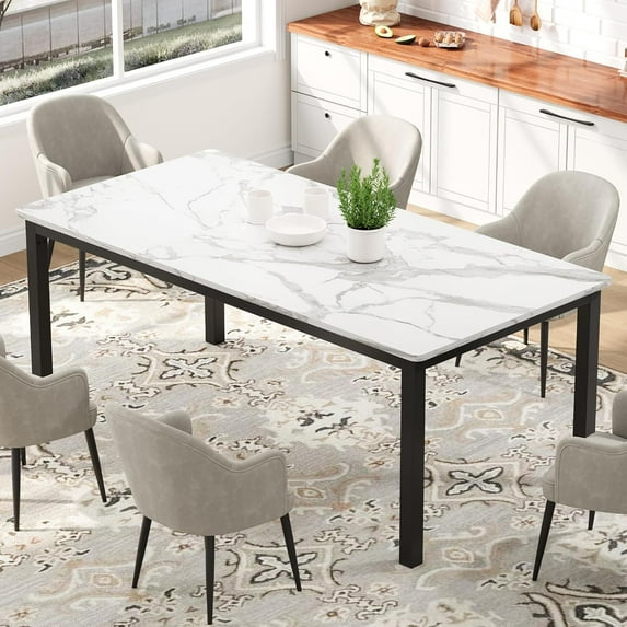 Garvee 70.8" Long Dining Table for 6-8 People, Large Rectangular Kitchen Table with Sturdy Metal Legs, Modern Industrial Dining Table with Rounded Corners, White Marble