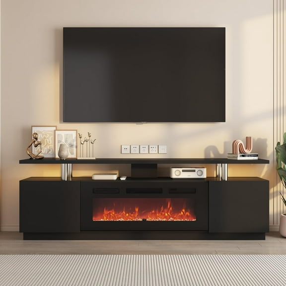 Garvee 70" TV Entertainment Center with Fireplace, TV Console W/Storage and 12 Colors LED Lights for TVs up to 80 inch, Black