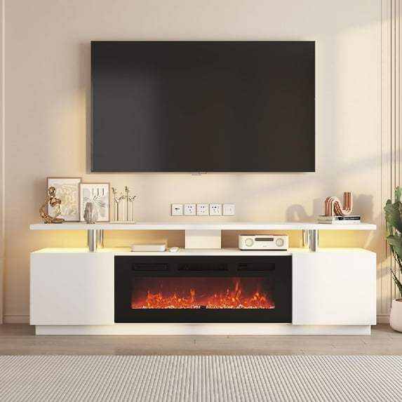 Garvee 70" TV Entertainment Center with Fireplace, TV Console W/Storage and 12 Colors LED Lights for TVs up to 80 inch, White