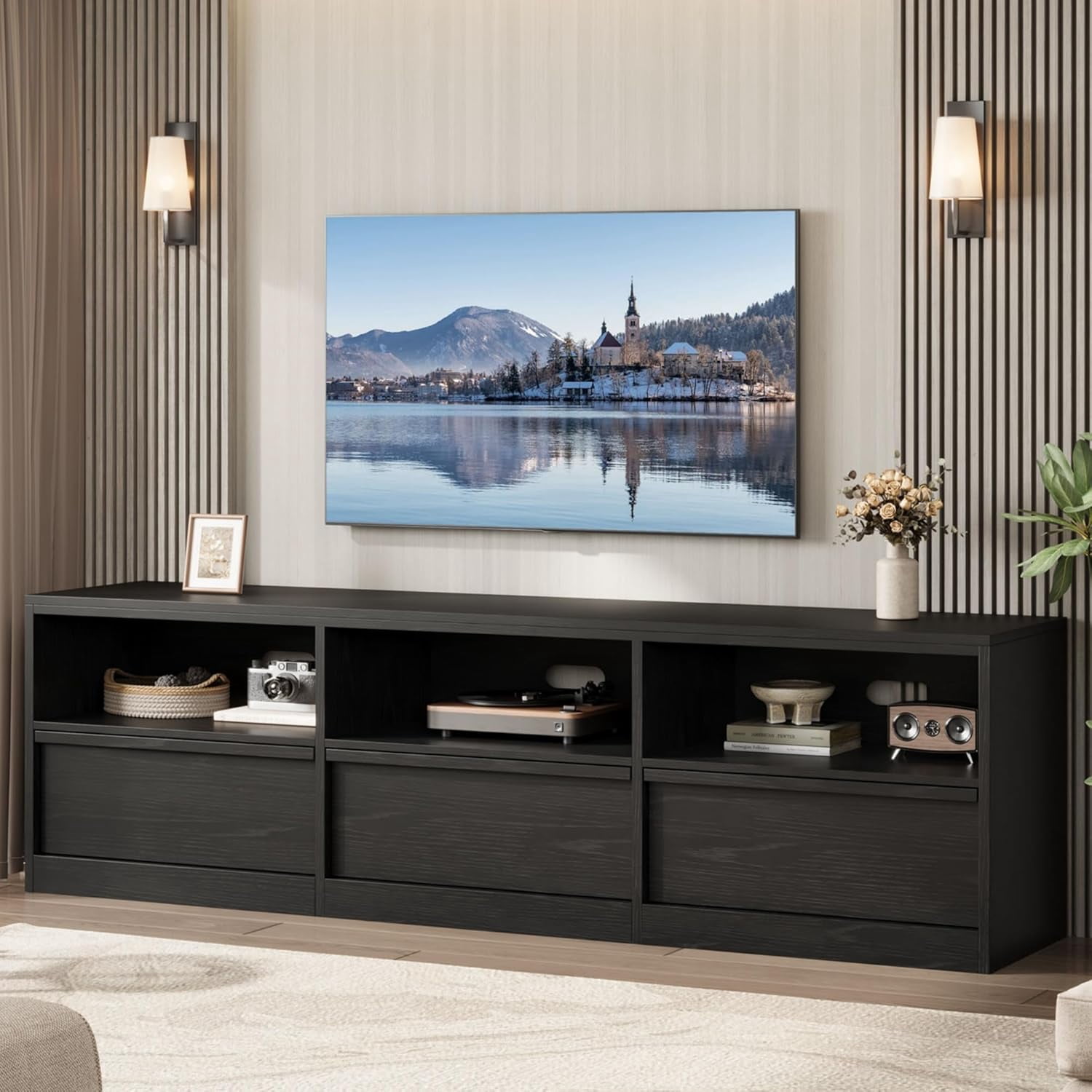Garvee 70" TV Stand for TVs up to 85", Mid Century Modern Entertainment Center with Drawer, Open Shelves & Cable Management, Black