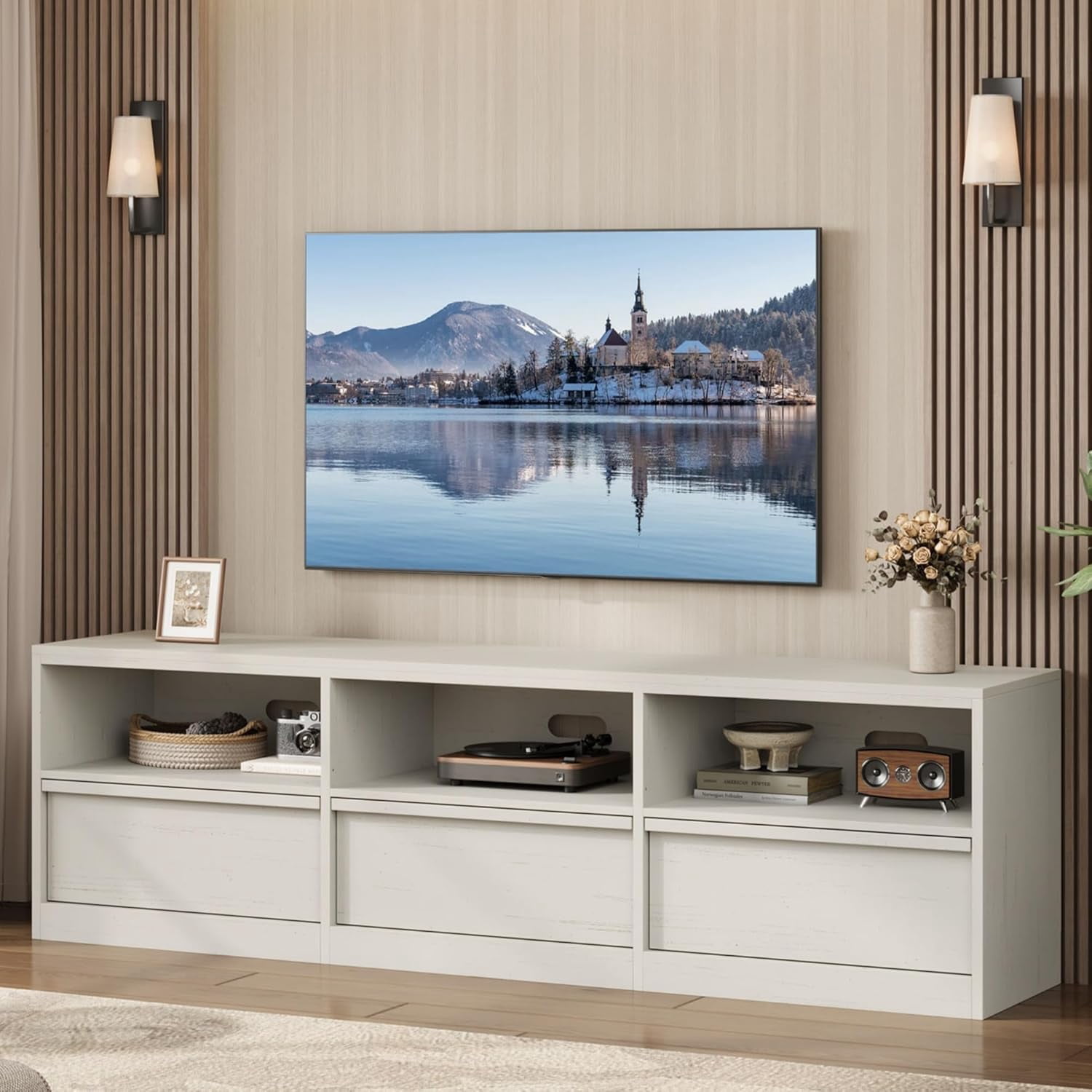 Garvee 70" TV Stand for TVs up to 85", Mid Century Modern Entertainment Center with Drawer, Open Shelves & Cable Management, White