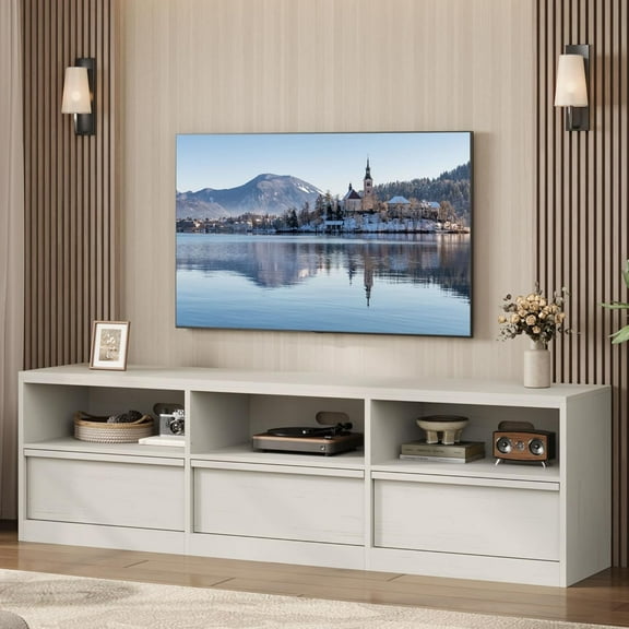 Garvee 70" TV Stand for TVs up to 85", Mid Century Modern Entertainment Center with Drawer, Open Shelves & Cable Management, White