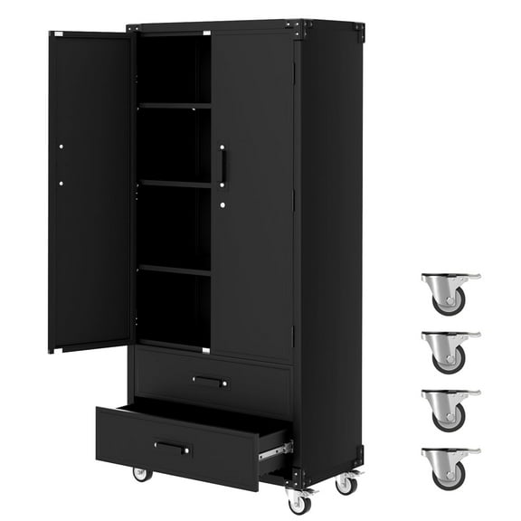 Garvee 71.7" Metal Storage Cabinet with 2 Drawers and Lockable Wheels for Garage, Workshop, Office, Black