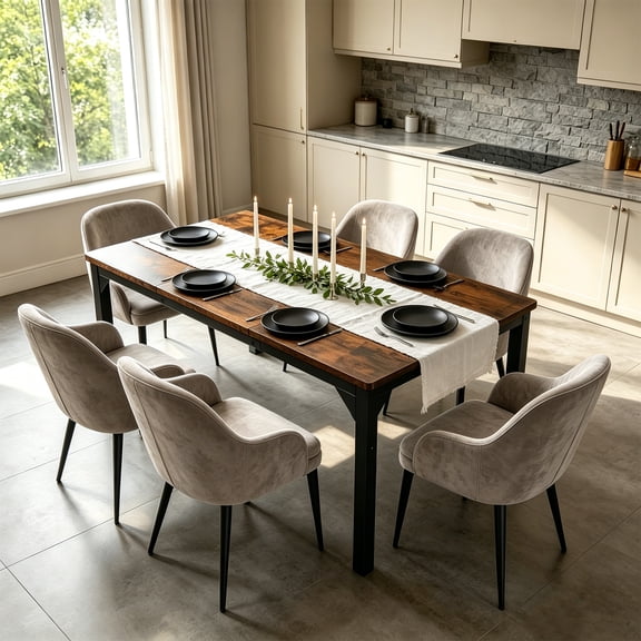 Garvee 71" Industrial Dining Table for 6-8 People, Large Rectangular Kitchen & Dining Room Table with Metal Frame, Brown