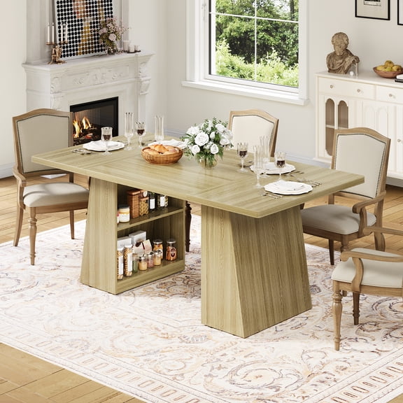 Garvee 71" Modern Dining Table for 4-8 People, Rectangular Wooden Kitchen & Dining Room Table with Storage Shelf, Long Dinner Table for Home, Apartment, Office, Gray